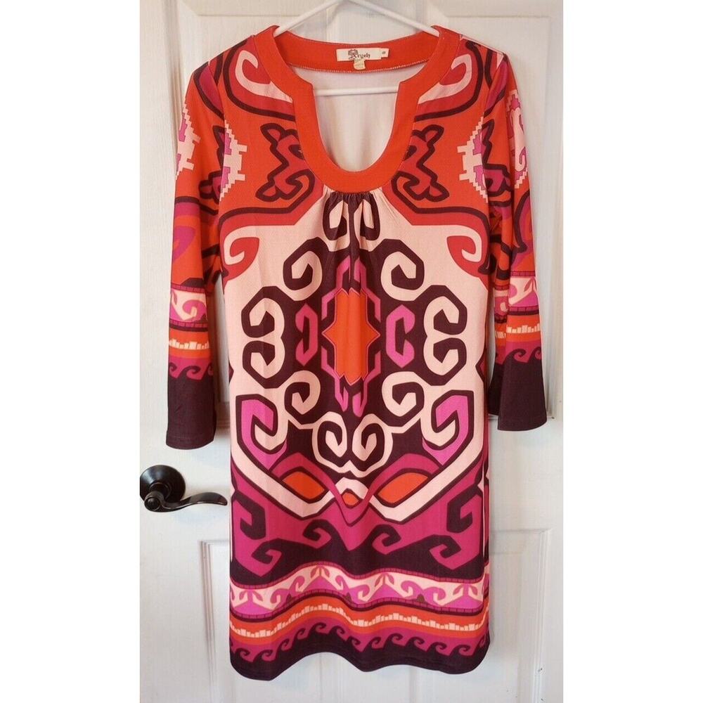 Aryeh 3/4 Bell Sleeve 70’s Retro Geometric Multicolored Dress Small
